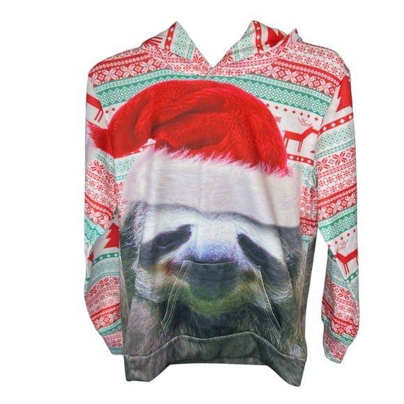Festive Sloth Print Sweater Hoodie Christmas - Picture 2 of 4